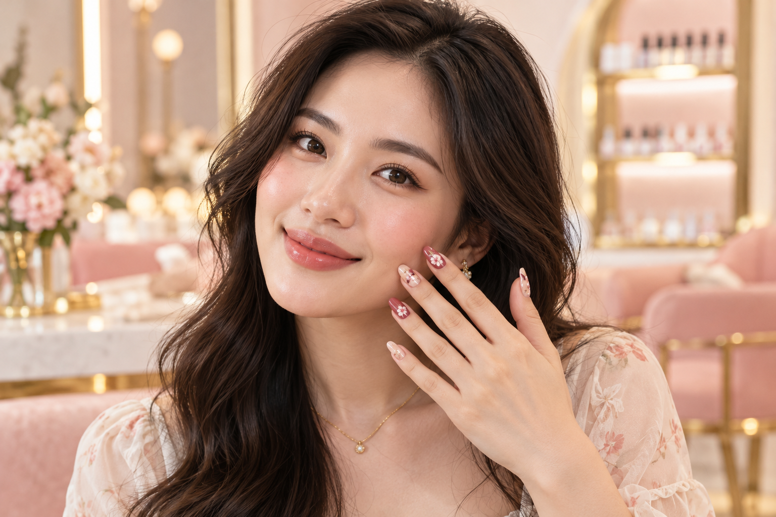 Woman showing her floral nail art